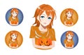 Girl holding a smiling pumpkin in her hands, set of icons. Vector anime characters. Anime girl in japanese. Anime style Royalty Free Stock Photo