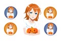 Girl holding a smiling pumpkin in her hands, set of icons. Vector anime characters. Anime girl in japanese. Anime style Royalty Free Stock Photo