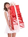 Girl holding stack gift box. Royalty Free Stock Photo