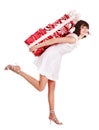 Girl holding stack gift box. Royalty Free Stock Photo