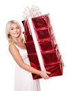 Girl holding stack gift box . Royalty Free Stock Photo