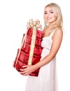 Girl holding stack gift box .. Royalty Free Stock Photo