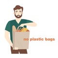 Shopping with eco bag concept. Man is holding paper bag with vegetables and fruits. Vector flat cartoon illustration