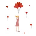 Girl holding the string of bunch of flying red heart balloons. Scared woman flying high with baloons