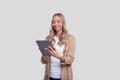 Girl Holding Tablet Standing Isolated. Girl Working with Tablet. Commecial, Shopping, Advertisment Concept