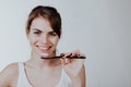 Girl shows the finger on the toothbrush smile teeth Royalty Free Stock Photo