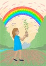 The girl carries a tree sprout for planting, a volunteer plants trees. Vector illustration Royalty Free Stock Photo