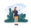 Girl holding umbrella looking weather forecast use smartphone vector flat illustration. Woman walking in natural park at