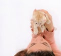 Girl holding up adorable orange little cat, happy animal concept