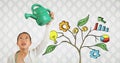 Girl holding watering can and Drawing of Business graphics on plant branches on wall