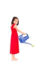 Girl holding a watering can, Isolated, white Royalty Free Stock Photo
