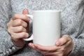 Girl is holding white cup in hands. White mug in woman's hands. Royalty Free Stock Photo