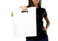 Girl holding a white plastic bag. Close up. Isolated background Royalty Free Stock Photo