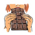 The girl holds a bar of chocolate with two hands and takes a bite. color vector illustration.