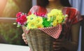 The girl holds a beautiful rattan basket filled with yellow and red flowers in the basket Royalty Free Stock Photo