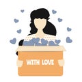 Girl holds a box with donations, hearts fly out of it. Symbol voluntary, charity and donation flat vector illustration. With love