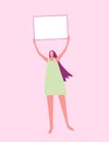 Girl holds a copy space poster vector illustration. A woman protests with a sign.