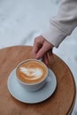 Girl holds cup of cappuccino with flower Royalty Free Stock Photo