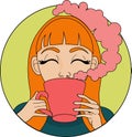 The girl holds a cup in her hands, drinks coffee and inhales the aroma of the drink.