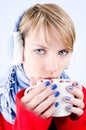 Girl holds cup of hot chocolate. Image has clippin Royalty Free Stock Photo