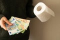 Girl holds euro banknotes and toilet roll. close-up