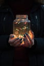 Girl holds christmas lights in glass jar Royalty Free Stock Photo