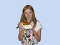 Girl holds her big piece of pie Royalty Free Stock Photo
