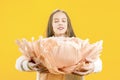 The girl holds in her hands a huge peony flower on a yellow background, inhales the aroma. Beautiful bud. Royalty Free Stock Photo