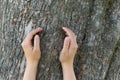 Girl holds her hands in protection gesture against the background made of tree trunk. Concept