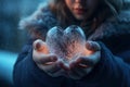 The girl holds an icy heart. The concept of warm tender feelings that can melt cold indifference. AI generation