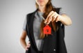 A girl holds the keys to the house. Key ring red house Royalty Free Stock Photo