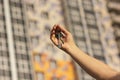 The girl holds the keys to the new apartment, close-up