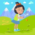 Girl Holds Magnifying Glass in Hands at Mountains