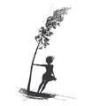 Girl holds onto a tree, the wind blows strong. Sketch