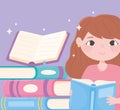 Girl holds open book, stack textbooks cartoon vector illustration