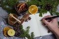 The girl holds a pen in her hands over a blank page of a notebook next to mulled wine, spices, anise, Royalty Free Stock Photo