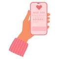 Girl holds phone with a menstruation calendar app. Women\'s health care tracker Royalty Free Stock Photo