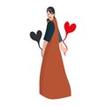 Girl and two hearts. The girl holds a red heart in one hand and a black heart in the other