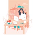 Girl holds a small poster for your text vector illustrationGirl sitting at her workplace and working design