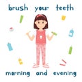 The girl holds a Toothbrush and toothpaste in her hands. A cartoon character, cute child in pajamas and Slippers stands and smiles