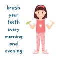 The girl holds Toothbrush and toothpaste in her hands. A cartoon character, cute child in pajamas and Slippers stands Royalty Free Stock Photo