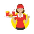 Girl holds tray with fast food Royalty Free Stock Photo