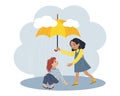 The girl holds an umbrella over her friend. Psychological concept of support. Print, illustration for children