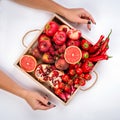 Girl holds wooden tray with fresh red vegetables and fruits on grey background. Healthy eating vegetarian concept. Royalty Free Stock Photo