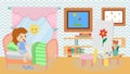 Girl at home in childrens room vector illustration. Kid waking up in cozy sunny room. Table and chair, books, pictures Royalty Free Stock Photo