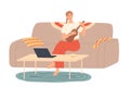 Girl at home sitting on the sofa playing guitar