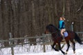 A girl on a horse jumps gallops. A girl trains riding a horse in a small paddock. A cloudy winter day Royalty Free Stock Photo