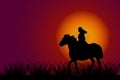 Girl on horse at sunset. Horse with rider silhouette on sundown sky background.