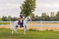 Girl, a horseback rider, riding snow white horse on a sunny day Royalty Free Stock Photo