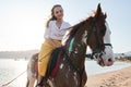 Girl horseback rider sitting on a horse stroking horse`s neck Royalty Free Stock Photo